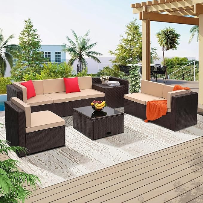 8-Piece Outdoor Wicker Patio Furniture Set with Glass Top Table Featuring Hidden Storage for Backyard, Garden, Deck, or Porch(Blue)