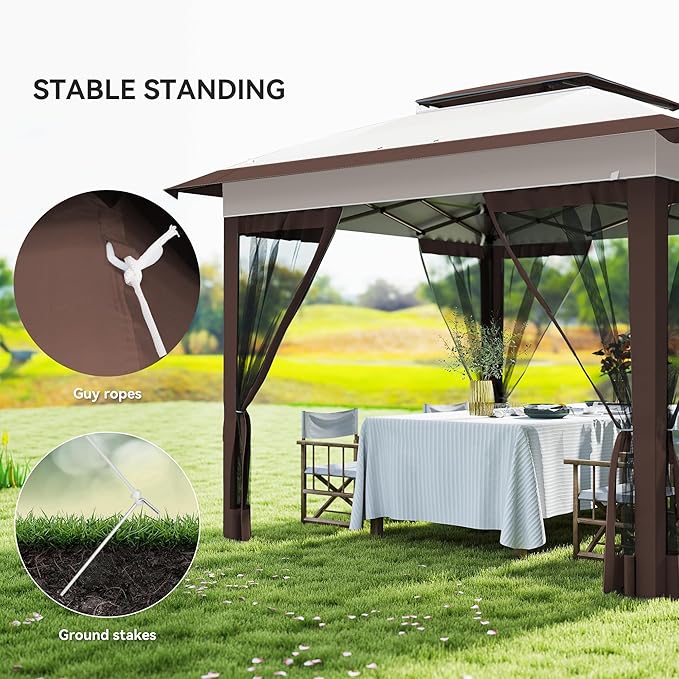 Outsunny 12' x 12' Pop Up Canopy Tent with Netting and Carry Bag, Instant Sun Shelter with 137 sq.ft Shade, Tents for Parties, Height Adjustable, for Outdoor, Garden, Patio, Beige and Brown