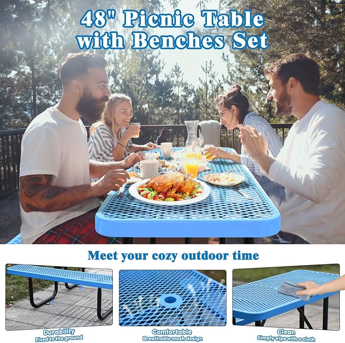 4FT/48IN Heavy Duty Outdoor Picnic Table and 2 Benches for 2-6 People, Weather Resistant Rectangular Steel Picnic Table Set with Umbrella Hole for Yard Patio Lawn Party Blue