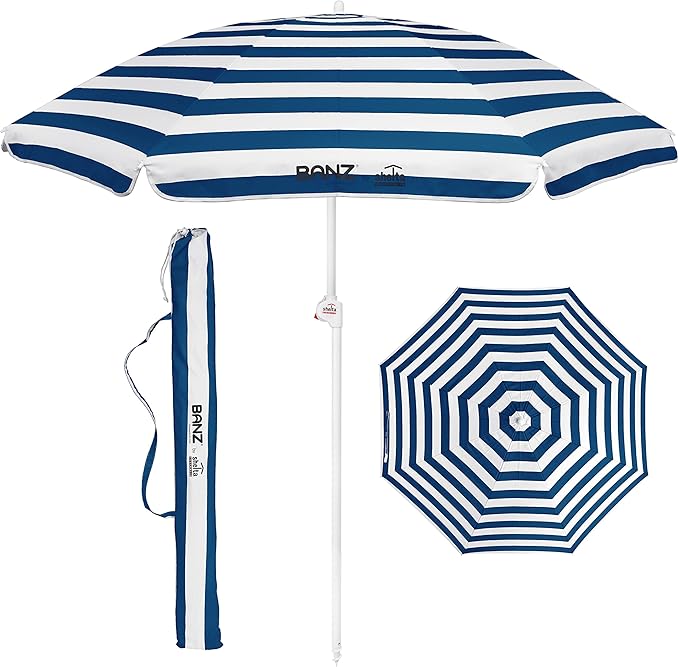 BANZ Cabana Beach Umbrella UPF 50 - UV Protection Foil-Lined Portable Outdoor Umbrella for Sand with Screw-in Base & Tilt Pole - Lightweight Beach Shade & Patio Umbrella with Bag