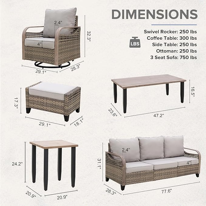 COOS BAY Modern Wicker Outdoor Furniture Set, 9 Piece Patio Conversation Set with 4 Swivel Rockers, a 3 Seat Couch, 2 Ottomans, Coffee Table & Side Table, 9 Piece, Brown/Gray
