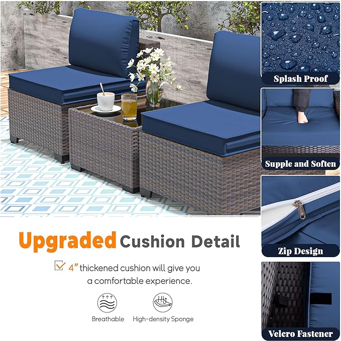 Patio Furniture Set with Aluminum Fire Pit Table 8 Pieces Outdoor Sectional Sofa Set,PE Rattan Wicker Patio Conversation Set w/43in 55000 BTU Propane Fire Pit Table,NavyBlue