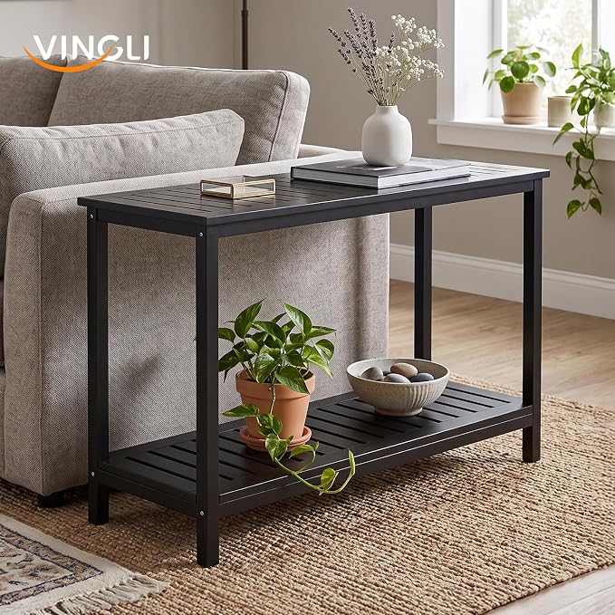 VINGLI 49in 49.21" Solid Wood Outdoor Console Table, 2-Tier Patio Buffet Bar Table, Multi-Functional Storage Sideboard for Garden, Porch, Balcony (Black)