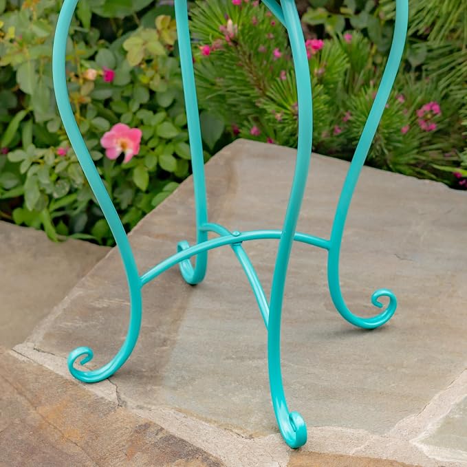 Zaer Ltd. Mosaic Tile Furniture with Teal Metal Frame and Patterned Tile Tops (Baton Rouge - Teal/Blue/Green, Pedestal Plant Stand)