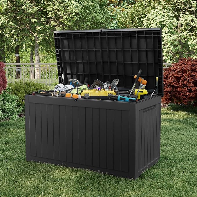 Pepe Tee Waterproof Resin Deck Box, Outdoor Storage Bin for Patio Furniture Cushions, All-Weather Garden Organizer & Seating Bench, Black