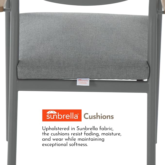 Modern Shade Lusso Outdoor Dining Chairs Set of 4, Fade Resistant, All-Aluminum Outdoor Chairs with FSC Teak Wood Armrests, Weather-Resistant Patio Chair with Quick Dry Cushion, Gray