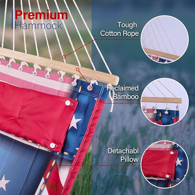 Backyard Expressions Reversible Quilted Hammock - Single or Double Hammock for Outdoor Relaxation with Matching Pillow, Flag Patchwork
