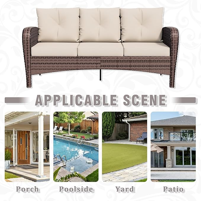 Patio 3-Seater Sofa, PE Wicker Outdoor Lounge with Thick Removable Cushions, Rust-Proof Steel Frame, 900LBS Capacity, Beige