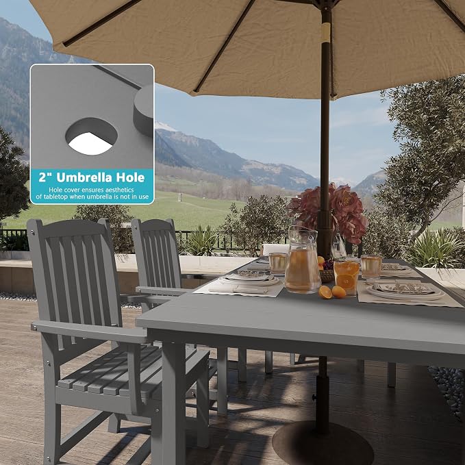 ROCSUMOO 6-Piece Outdoor Dining Table Sets, Patio HDPE Dining Table and Chair Set with Umbrella Hole, All Weather Outdoor Dining Furniture Set (Grey, 1 Table + 4 Chairs + 1 Bench)