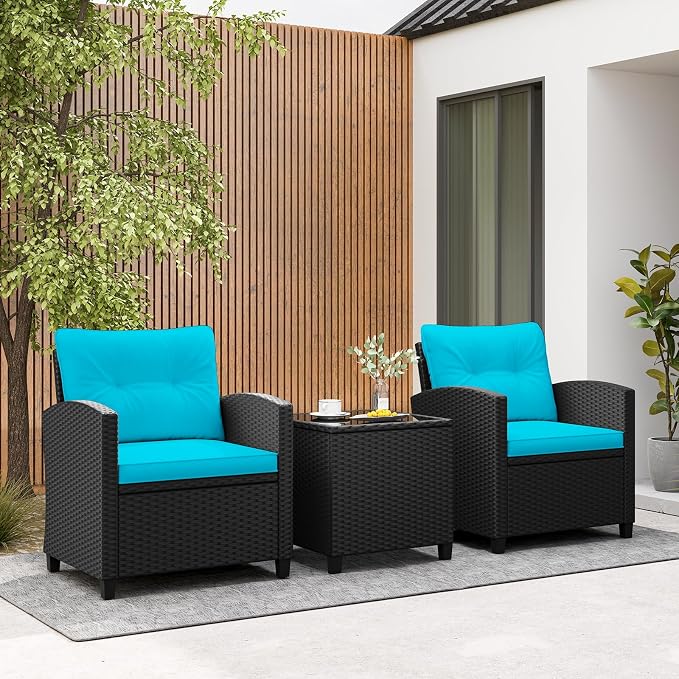 RELAX4LIFE 3-Piece Patio Furniture Set - Wicker Rattan Bistro Sofa Set w/Glass Top Coffee Table, Washable Cushions for Porch Balcony Backyard Poolside, Outdoor Furniture Conversation Set (Turquoise)