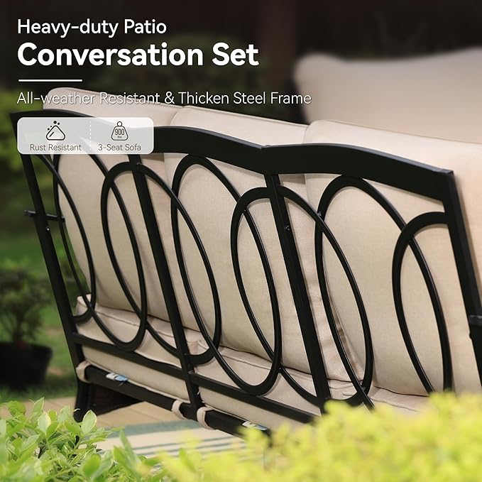 GREEN PARTY Extra Large Outdoor Patio Furniture Set 4 Pieces for 5, Modern Metal Patio Conversation Sets with High Back 3-Seat Sofa, 2 Swivel Chairs, 1 Coffee Table, for Garden, Backyard
