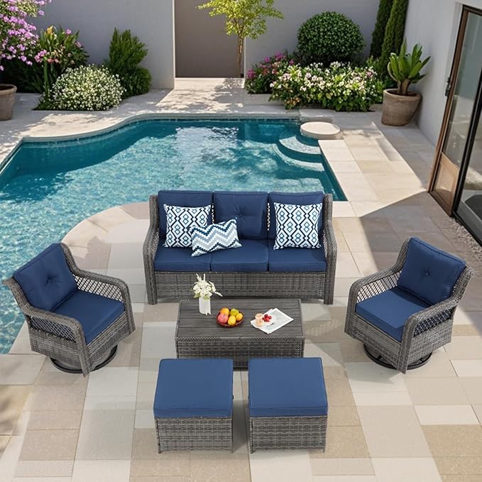 6 Pieces Wicker Patio Furniture Set Conversations Sets, 2 Outdoor 360° Swivel Rocking Chairs, Patio Swivel Glider Chair with Table and Ottoman for Garden, Poolside, Backyard (Grey)