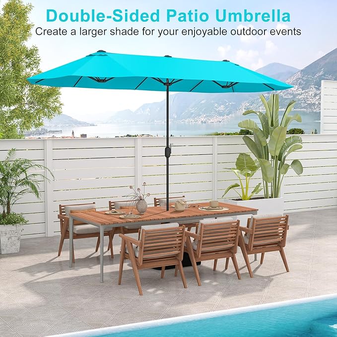 Giantex Patio Umbrella with Base, Double-Sided Outdoor Umbrella with Crank Handle, Umbrella Base Stand with 2 Sandbags, 12 Metal Ribs, Market Umbrellas for Garden Poolside Deck