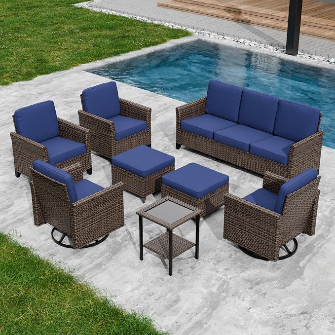 COOS BAY Harbor Retreat 8 Piece Outdoor Furniture Set, Patio Conversation Set with Swivel Rocking Chairs, Patio Chairs, Couch, Side Table and Ottomans, Wicker Furniture, Brown/Blue