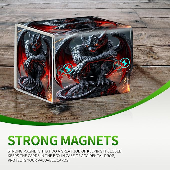 Card Deck Box for MTG, Cards Storage Box Fits 120+ Sleeved, Leather Small Size Strong Magnetic Closing Card Case for Board Games Magic TCG CCG Baseball Collection, Red-Winged Dragon
