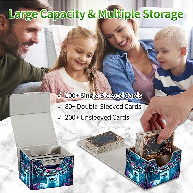 Card Deck Box for MTG, Cards Storage Box Fits 120+ Sleeved, Leather Small Size Strong Magnetic Closing Card Case for Board Games Magic TCG CCG Baseball Collection, Forest Flowers Deer