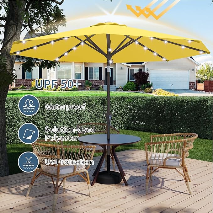9FT Patio Umbrella with Solar Lights,Outdoor Market Umbrella with Tilt and Crank, LED Lighted Table Umbrella for Garden,Deck,Backyard,Pool,Beach (Yellow)