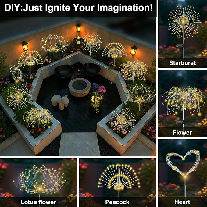 Solar Garden Lights Outdoor, 2 Pack 120 LED Twinkling Firework Lights Decorative with 2 Modes, Outdoor Waterproof Solar Starburst Light for Yard Pathway Planter Patio Decor, Warm White