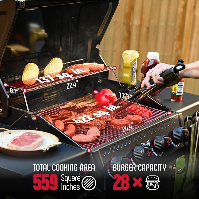 Feasto 4-Burner Gas BBQ Grill with Side Tables, 36,000 BTU Outdoor Propane Grill with Premium Enameled Coated Chamber Body & Porcelain-Enameled Stamped Grates for Deck Party & Patio BBQ, Black