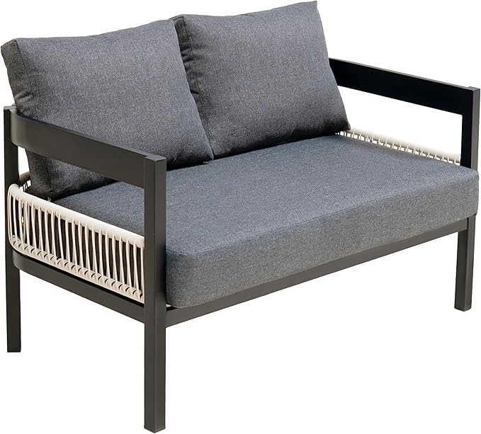 4 Piece Outdoor Iron Sofa Set with A Table, PE Rattan Patio Furniture Sets with Double and 2 Single Seats, Multi-Person Conversation Set for Garden, Lawn Use (Gray/92)