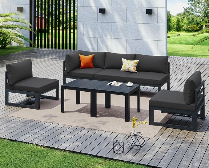 NICESOUL 5 Person Luxury Aluminum Outdoor Sectional Sofa with Side Table, Large L Shaped Patio Furniture Set, 29" Deep Wide Seating, 500 lbs Heavy Duty Conversation Set for Backyard Garden, Dark Gray