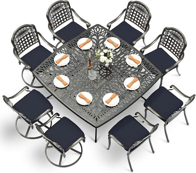 VIVIJASON 9-Piece Outdoor Dining Set, Cast Aluminum Patio Table & Chair Furniture Set for 8, Include 64" Square Dining Table, 4 Swivel Rocker Chairs, 4 Stationary Chairs, Umbrella Hole, Navy Blue