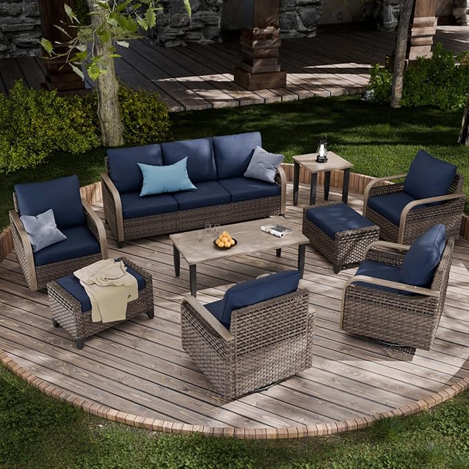 COOS BAY Modern Wicker Outdoor Furniture Set, 9 Piece Patio Conversation Set with 4 Swivel Rockers, a 3 Seat Couch, 2 Ottomans, Coffee Table & Side Table, 9 Piece, Brown/Blue