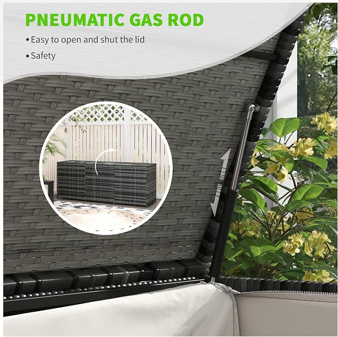 175 Gallon Outdoor Storage Box with Inner Liner, PE Rattan Wicker Deck Box with Bar Lift for Indoor Outdoor, Patio Furniture Cushions, Pool Toys, Garden Tools, Mixed Gray