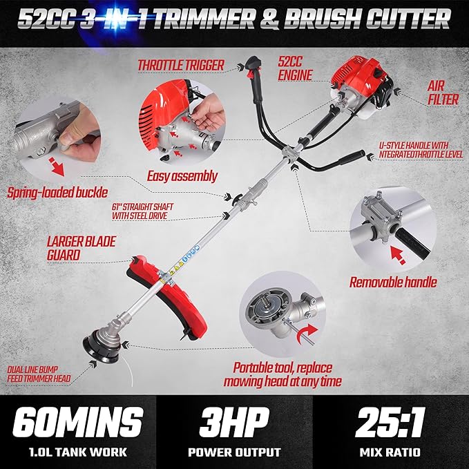 3-in-1 52cc 2-Cycle Weed Wacker Gas Powered, 18" Cutting Path Gas String Trimmer/Edger, 10" 3T/40T Gas Brush Cutter with Shoulder Strap, Powerful Weed Eater Grass Trimmer for Lawn Care