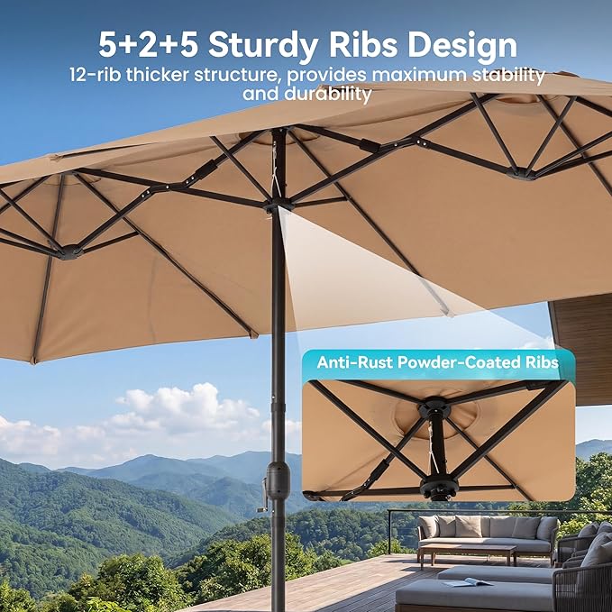 COSIEST 15FT Patio Umbrella with Base Included, Outdoor Double-Sided Table Umbrella,Large Rectangular Market Umbrella w Crank Handle for Garden, Pool, Deck Shade, Khaki