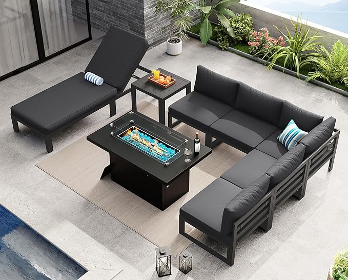 NICESOUL 8 Piece Luxury Aluminum Outdoor Sectional Sofa with Chaise Lounge & Firepit, Large Modular Patio Furniture Set, 29" Deep Wide Seating, 500 lbs Heavy Duty Conversation Set for Deck, Dark Gray