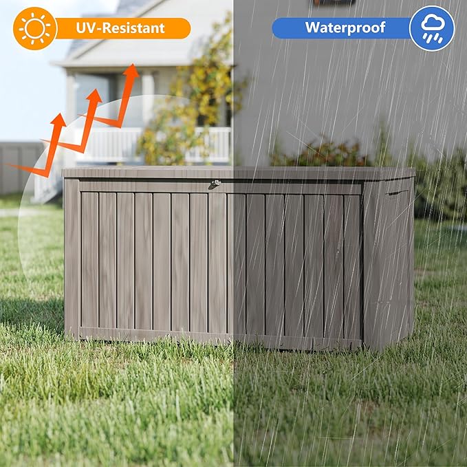 80 Gallon Deck Boxes Outdoor Waterproof, Outdoor Storage Box with Lockable Lid & UV-Resistant for Patio Furniture, Outdoor Cushions, Garden Tools and Pool Supplies, Light Brown