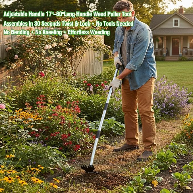 Gardening Weeder Tools with Long Handle, 60 inch Heavy Duty Weed Puller Tool, 2 in 1 Hand Weed Rake and Garden Hoe, Manual Uprooting Weeding Tool for Garden Vegetable Backyard Loosening Planting