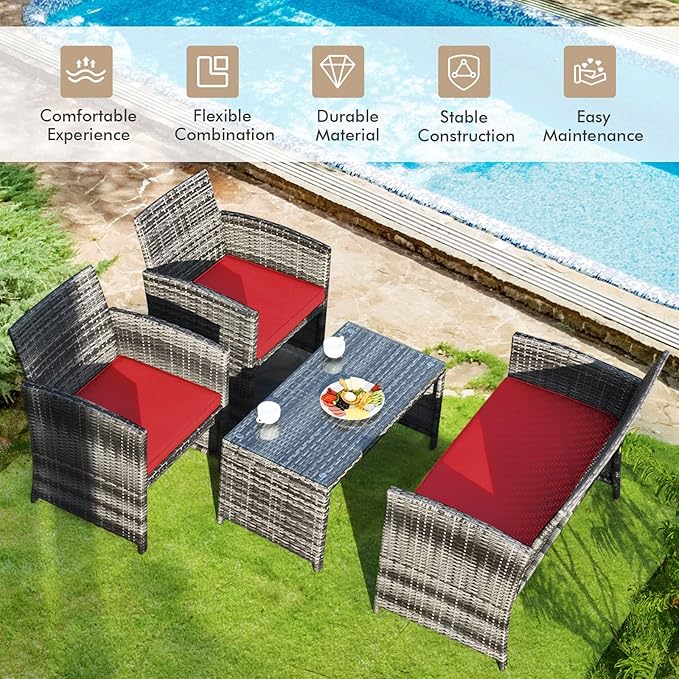 Giantex 4 Pc Patio Conversation Set, Rattan Loveseat & Patio Chairs with Cushioned Seat, Wicker Coffee Table, Outdoor Furniture Set for Front Porch Poolside Garden Lawn