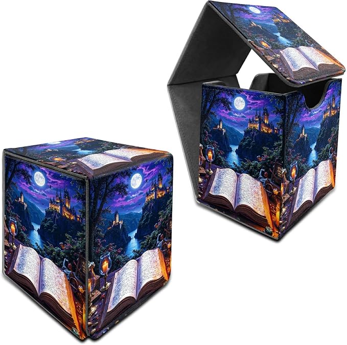 Castle Book Purple Card Deck Box for MTG, Personalized Card Storage Case Fits 120+ Sleeved Cards, Premium Leather TCG Box with Strong Magnetic Closure for Magic, CCG, PTCG, Baseball Cards
