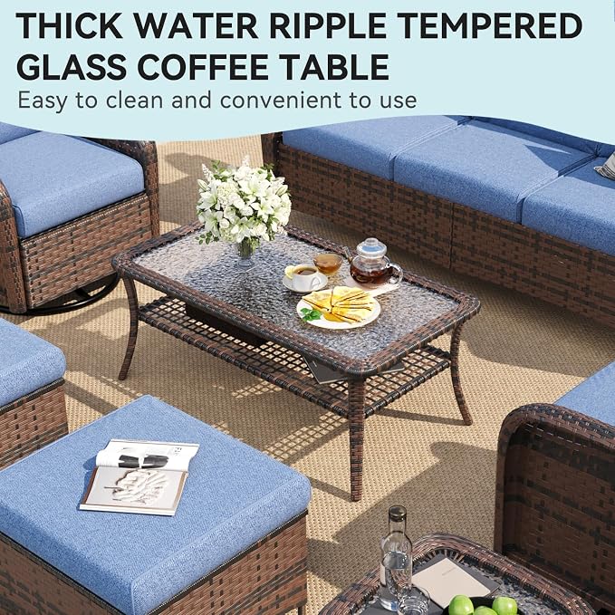 Aoxun Outdoor Coffee Table with Storage Wicker Patio Coffee Table, All-Weather Tempered Glass Top Coffee Table for Patio Furniture Set for Balcony, Garden, Deck, Backyard, Brown