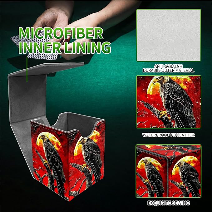 Deck Box for MTG, Cards Storage Box Fits 120+ Sleeved, Leather Medium Size Strong Magnetic Closing Card Case for Board Games Magic TCG CCG Baseball Collection, Red Sky Eagle