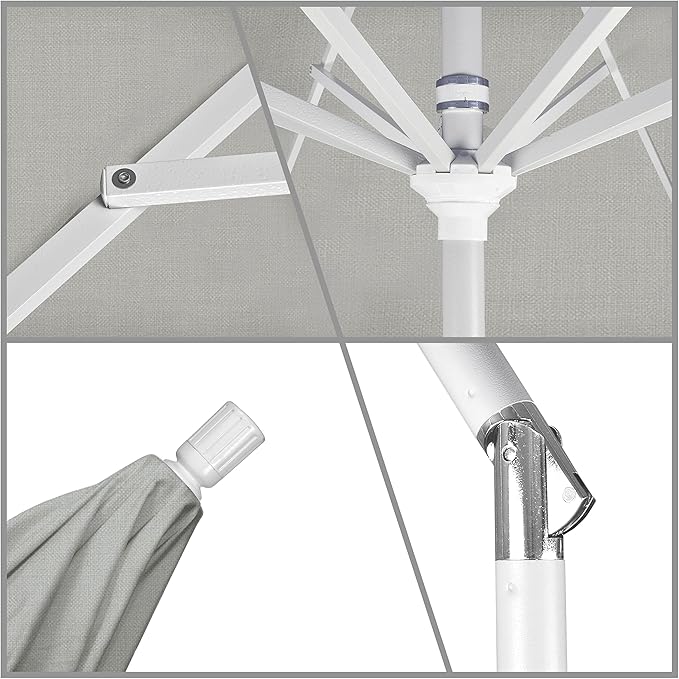 California Umbrella 9' Round Aluminum Patio Umbrella, Crank Lift, Collar Tilt, White Pole, Granite