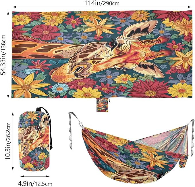 FRMG Giraffe Watercolor Camping Hammock 500 lbs Capacity Portable Hammocks with Tree Straps & Attached Carry Bag, Camping Essentials Gear A0900257a