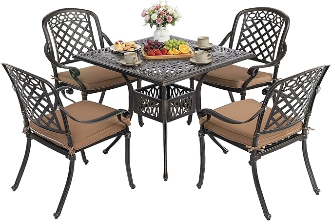 5-Piece Cast Aluminum Outdoor Patio Dining Set, All Weather Cast Aluminum Outdoor Furniture Dining Set for Patio, Balcony, Lawn, Garden, Backyard w/4 Chairs and Cushions, 2.0" Umbrella Hole
