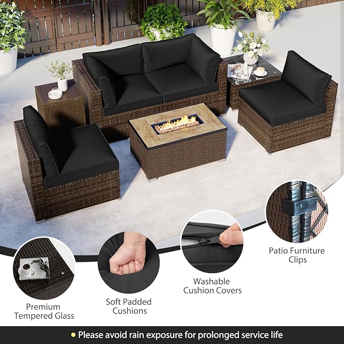 Tangkula 7 Pieces Outdoor Sectional Sofa Set Set with 32” Fire Pit Table and Propane Tank Cover, for Deck, Garden and Backyard, Fire Pit Protective Cover Included (Black)