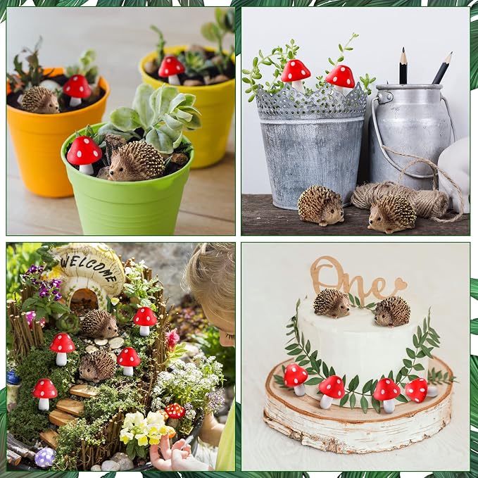 Queekay Resin Hedgehogs & Wood Mushroom Sculpture, Fairy Wild Garden Supplies, 6 Pieces, Red, Handmade Decor | Hedgehog & Mushroom Set, Plant Pot Bonsai Accent, Miniature Fairy Garden Figurines, Resin Craft, Indoor Outdoor Scene