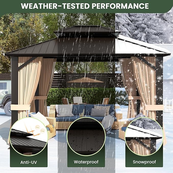 10'x12' Hardtop Gazebo with String Lights-50ft, Galvanized Steel Double Roof Canopy with Aluminum Frame, Outdoor Pavilion with Nettings and Curtains