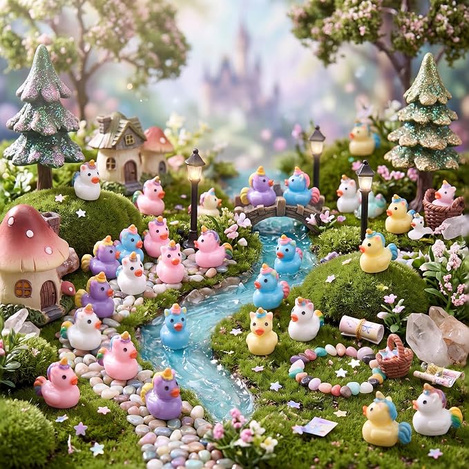 Novabright 100 Pcs Mini Resin Unicorn Ducks Colorful Tiny Resin Unicorn Ducks Figures to Hide Small Animal Statue for DIY Cake Craft Garden Landscape Ornament Potted Decoration Birthday Party Supplies