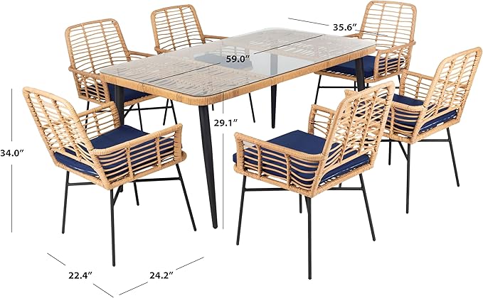 SAFAVIEH Outdoor Collection Beson Brown/Navy 7-Piece Dining Set PAT9010B-3BX
