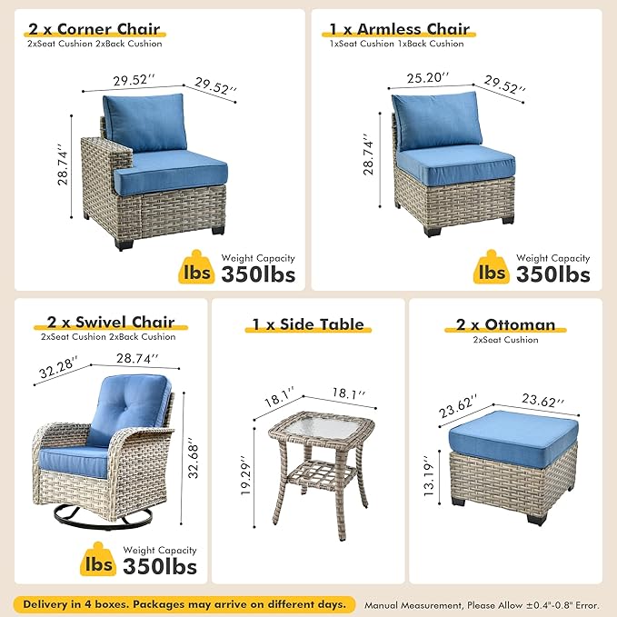 8 Pcs Outdoor Sectional Patio Furniture Set with Swivel Rocking Chair and Ottomans - All Weather Wicker Outside Sectional Couch,Patio Seating Outdoor Conversation Sets for Deck Yard Garden,Blue