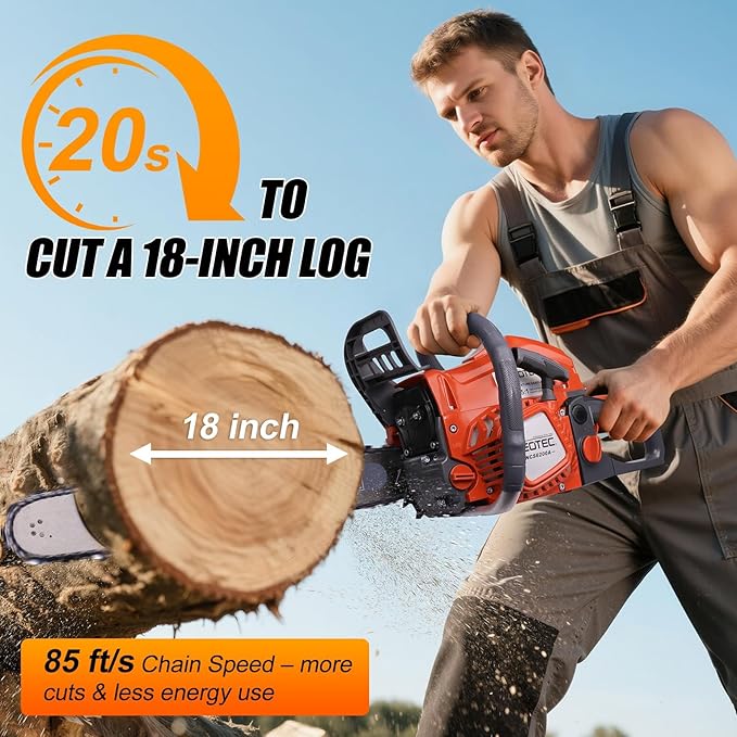 58CC Gas Powered Chainsaw with 20 Inch Bar Chain Ergonomic Chainsaw Chain Brake Anti-Vibration System, 2-Cycle Chain Saw for Tree Cutting Firewood Wood Yard Cleaning