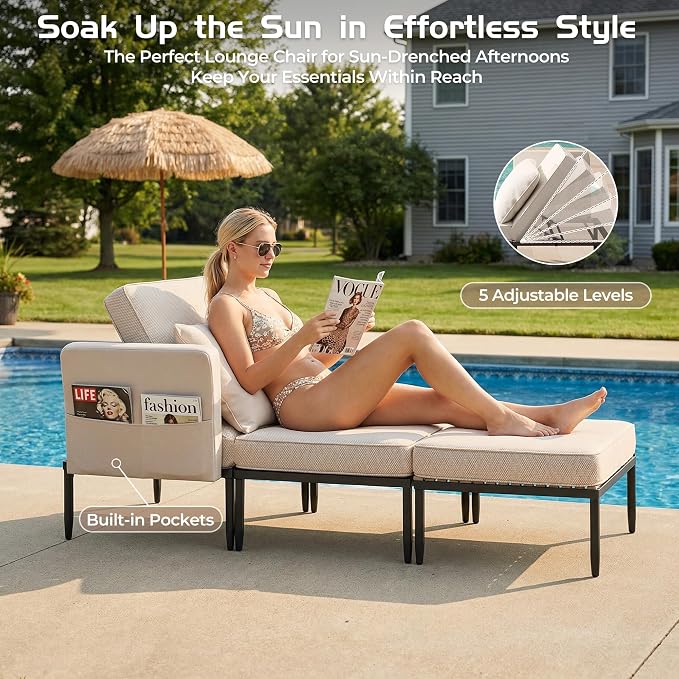 5 in 1 Modular Patio Furniture Set, 3 Piece Aluminum Convertible Outdoor Sectional to Loveseat, Tanning Chair, All-Weather Seating for Balcony, Apartment, Beige