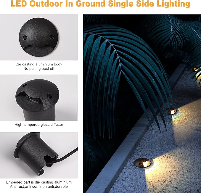 Well Lights Low Voltage Landscape Lighting Outdoor In Ground Lights for Driveway,Path,Paver,LED 2W AC/DC 12V 24V Warm White Waterproof IP67 Aluminium Single Side Lighting for Floor,Stair,1PACK