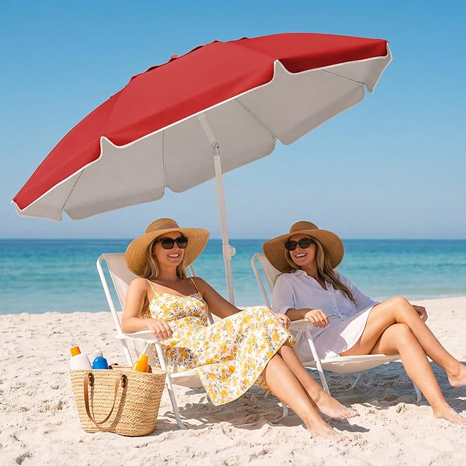 JEAREY 6.5ft Sun Shade Umbrellas, Portable Umbrella with Stand, Lightweight Sun Protection Free Standing Sport Umbrella for Outdoor Sports, Camping, Fishing, Patio, Beach, Red